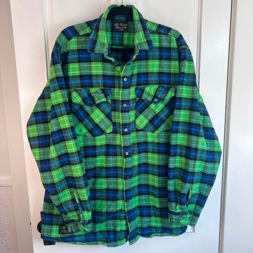 The Vermont Flannel Co Shirt Mens XL Green Blue Plaid Button Up Long Sleeve USA